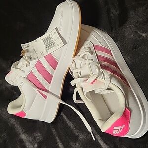 Adidas White Sneakers with Pink Stripes